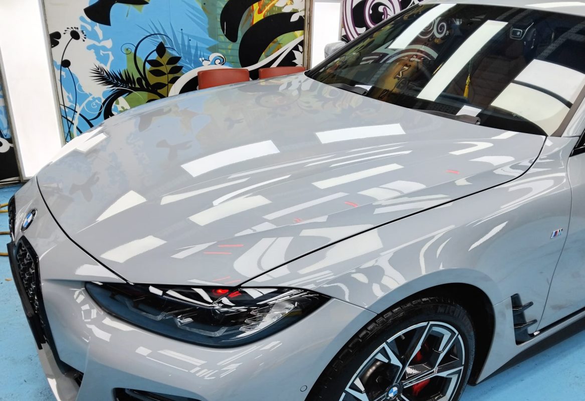 The BMW 4 Series from a side angle after the ceramic coating.