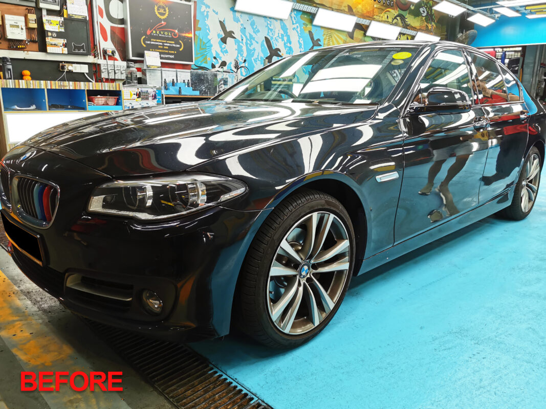 BMW 5 Series, glossy after its full respray at Revol Carz.