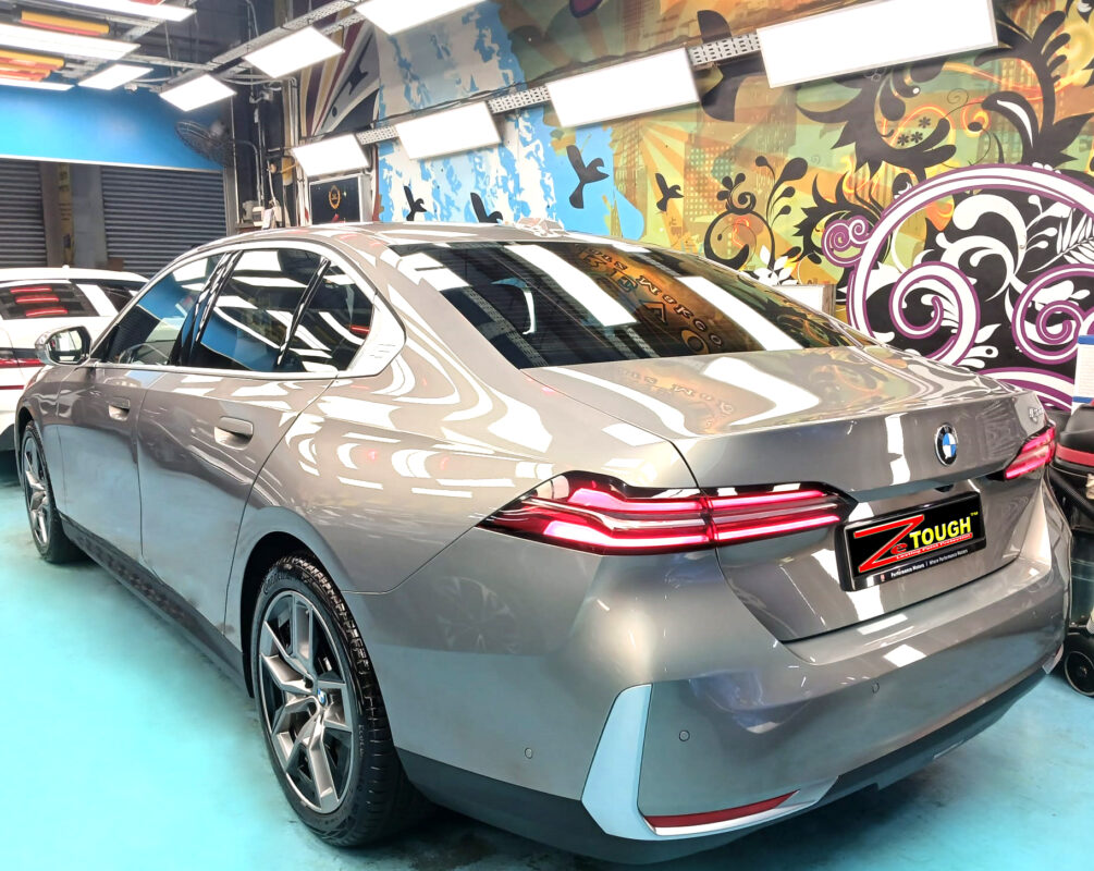 Front three-quarter view of the BMW 5 Series after coating.