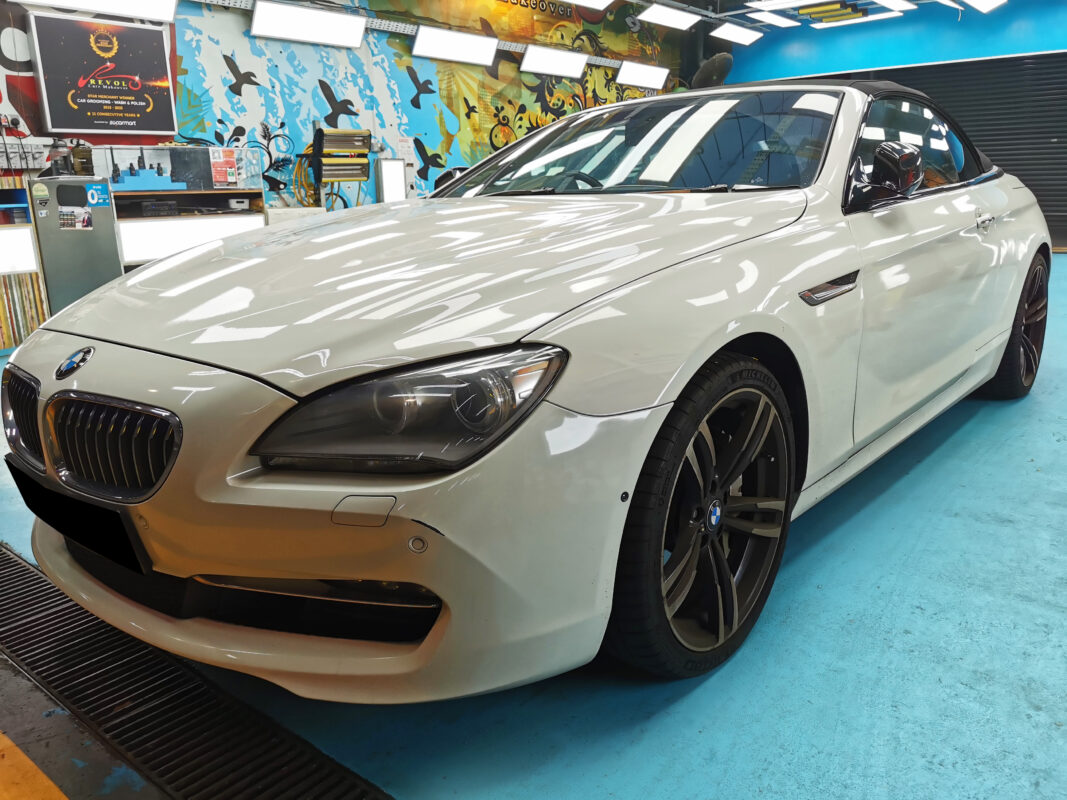 BMW 6 Series at arrival, showing the condition of the paintwork before the respray.