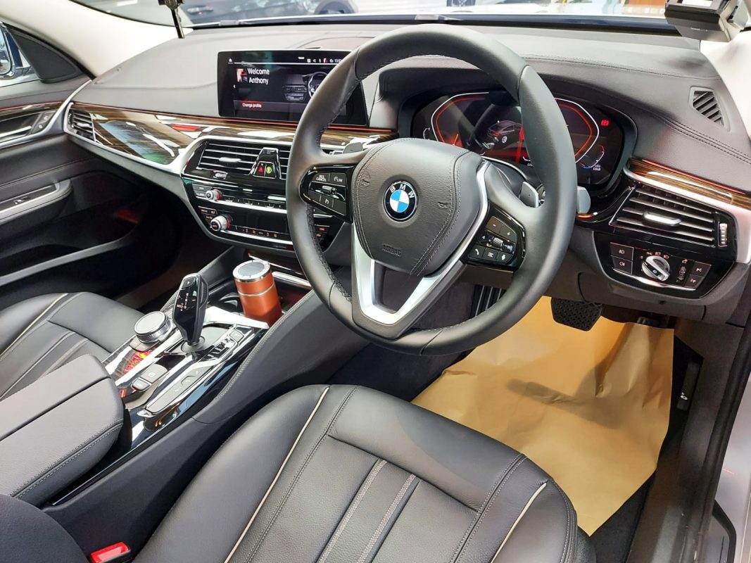 The BMW 630i GT parked in the workshop, freshly coated.