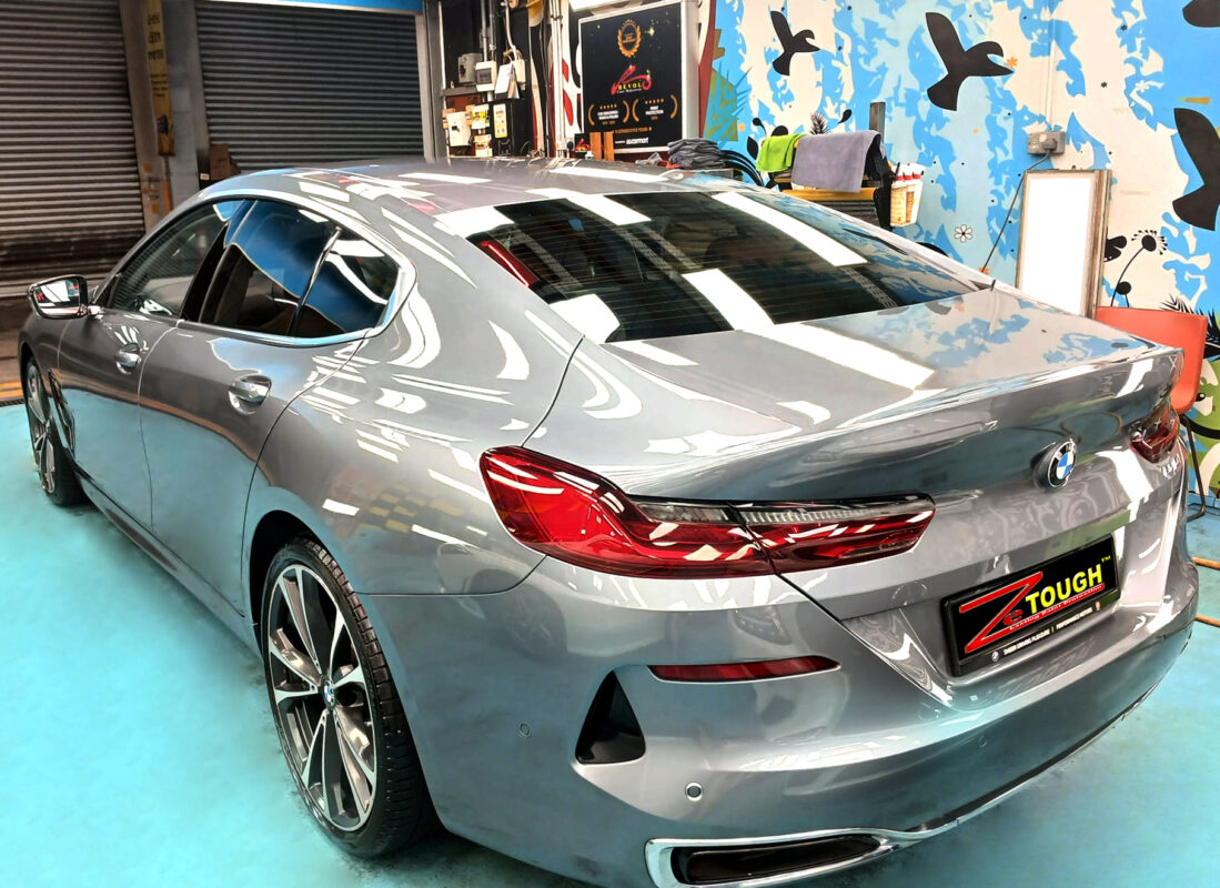 Front three-quarter view of the BMW 8 Series after coating.