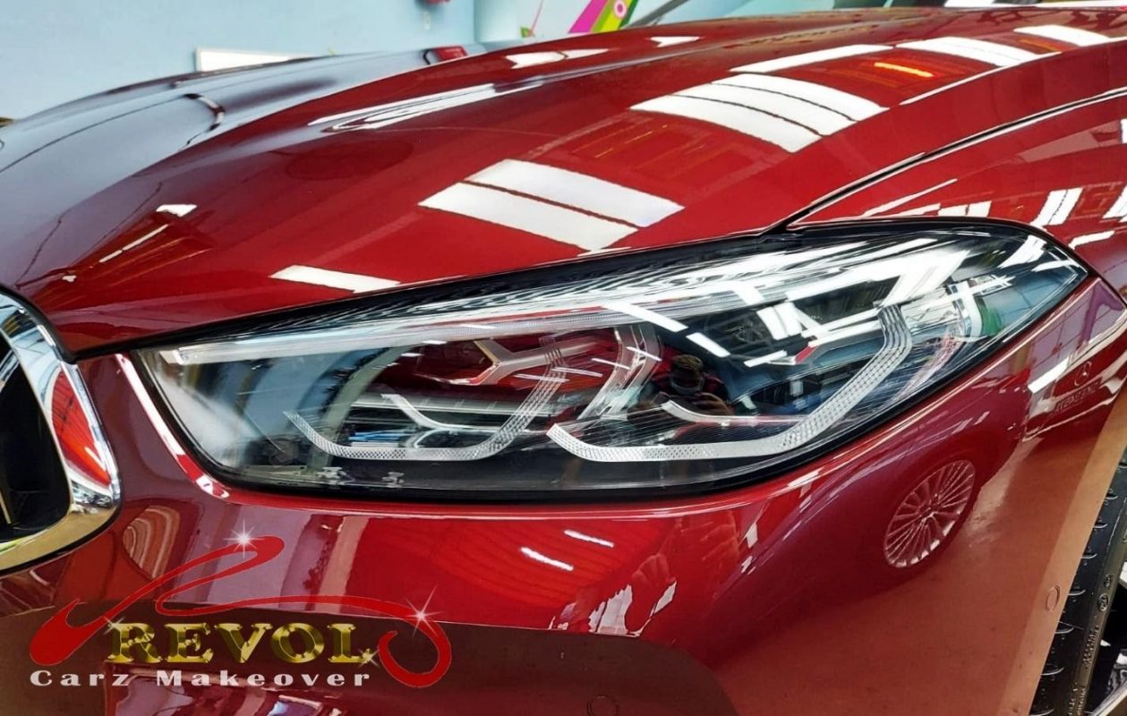 Front three-quarter view of the 840i M Sport with the coating sealed.