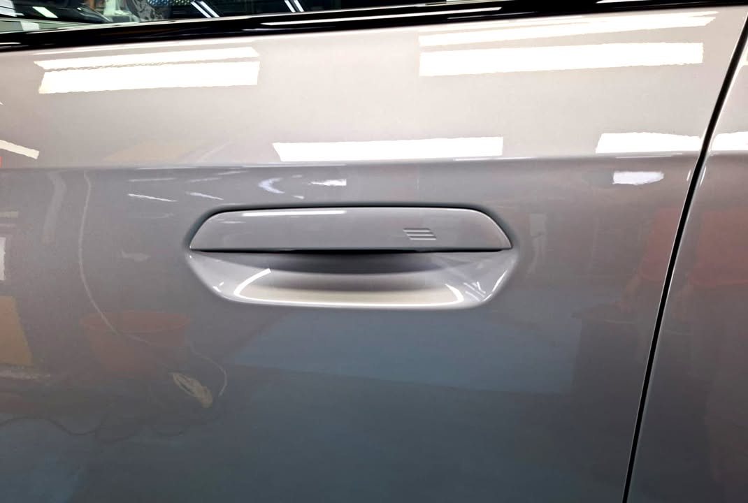 Close-up of the silver door panel and flush door handle with light reflections.