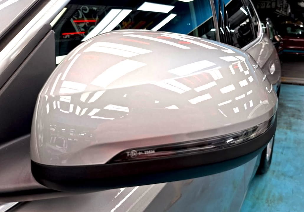 Close-up of the silver door mirror cap on the BMW iX1.