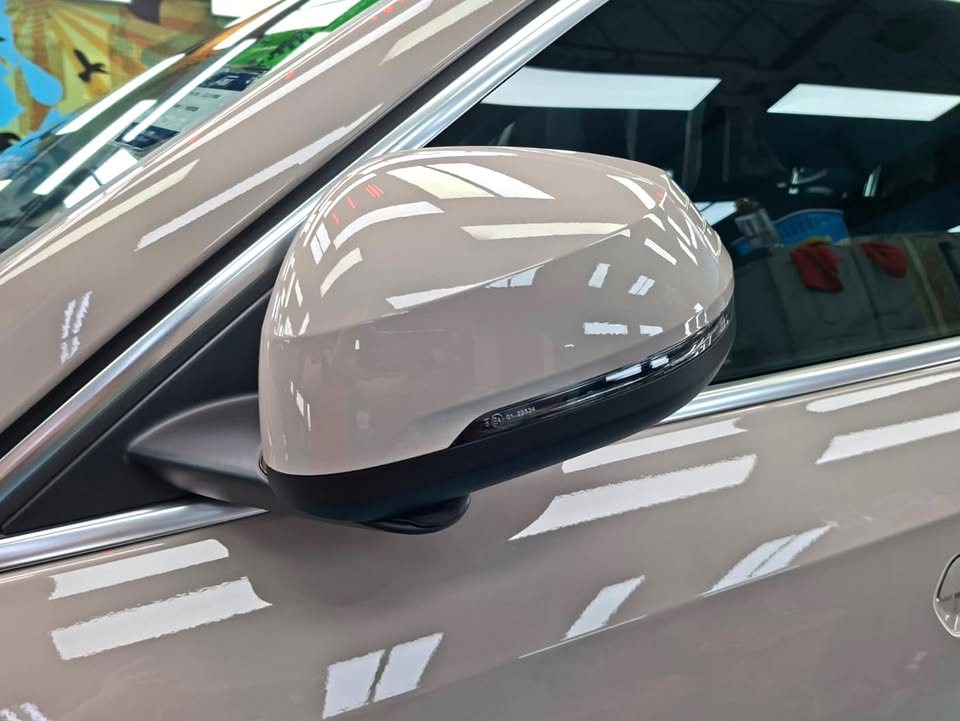 Beige door mirror on the BMW iX1 with reflections in the paint.