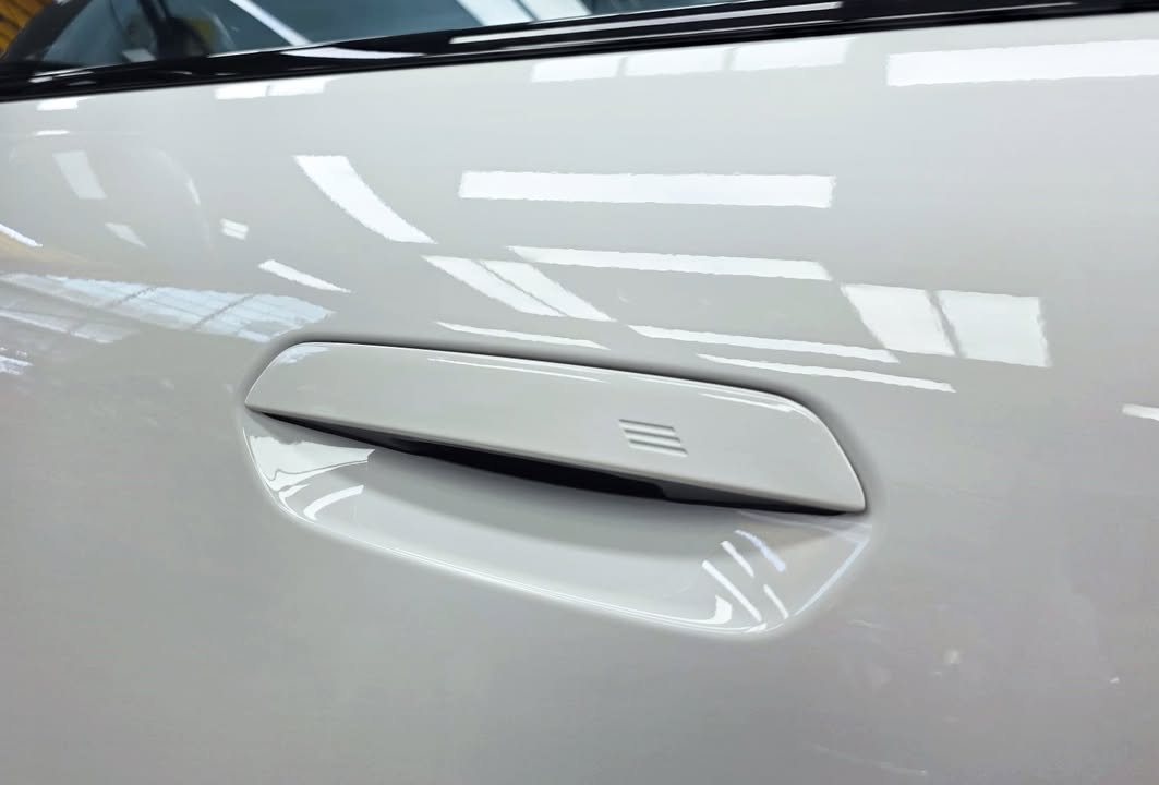 Flush door handle on the white BMW iX2 with light reflected in the panel.