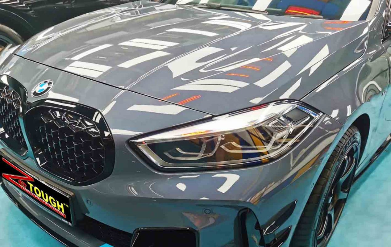 The BMW M135 from a side angle after the ceramic coating.