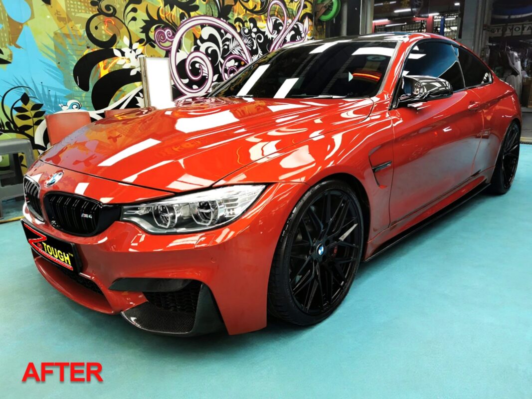After: the same front end, resprayed and finished to a deep gloss.