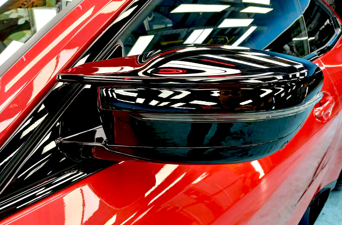 Side panel of the BMW M4 with the titanium finish locked in.