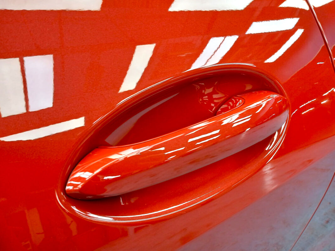 Front three-quarter view of the BMW M4 after coating.
