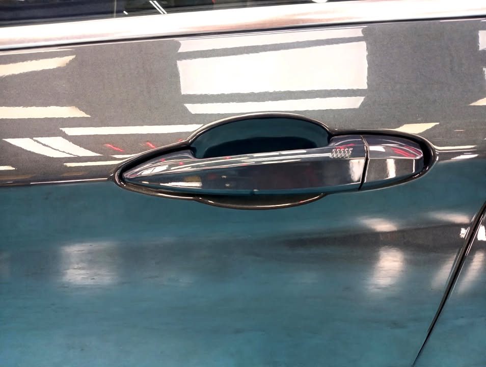 Door handle and door panel of the blue X1 showing a clear reflection.