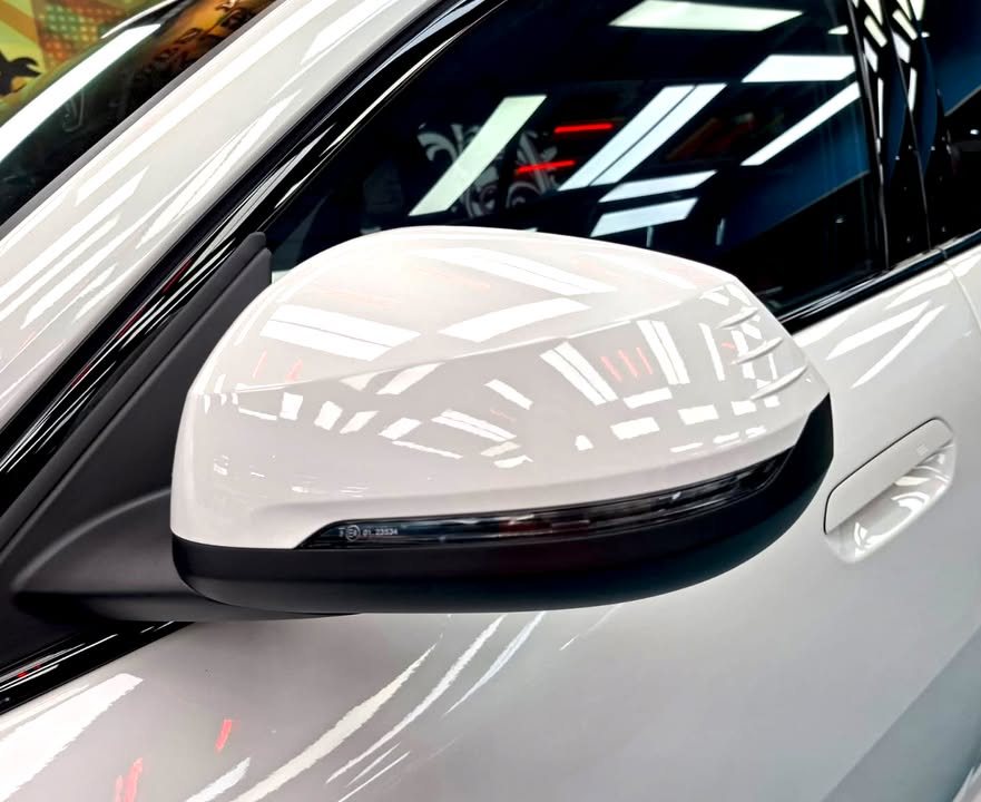 White wing mirror on the BMW X2 reflecting the workshop lights.