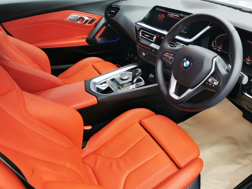 The BMW Z4 parked in the workshop, freshly coated.