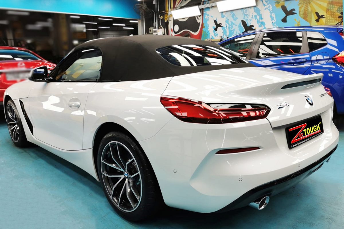 Rear quarter of the BMW Z4, glossy and protected.