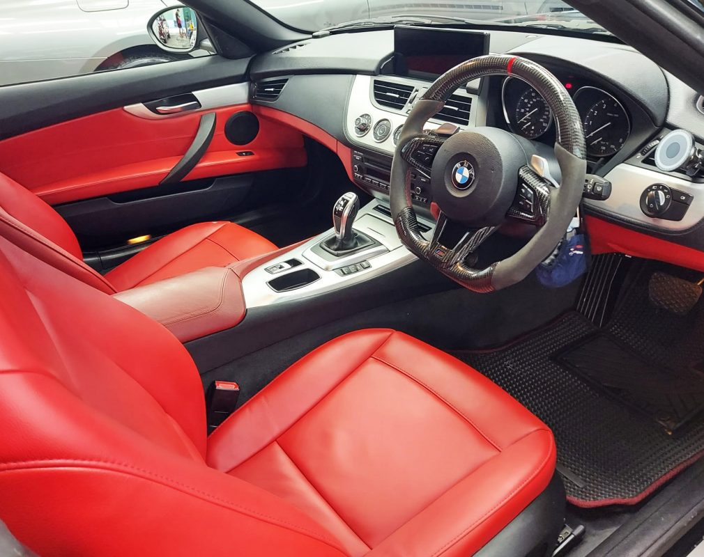 The BMW Z4 parked in the workshop, freshly coated.