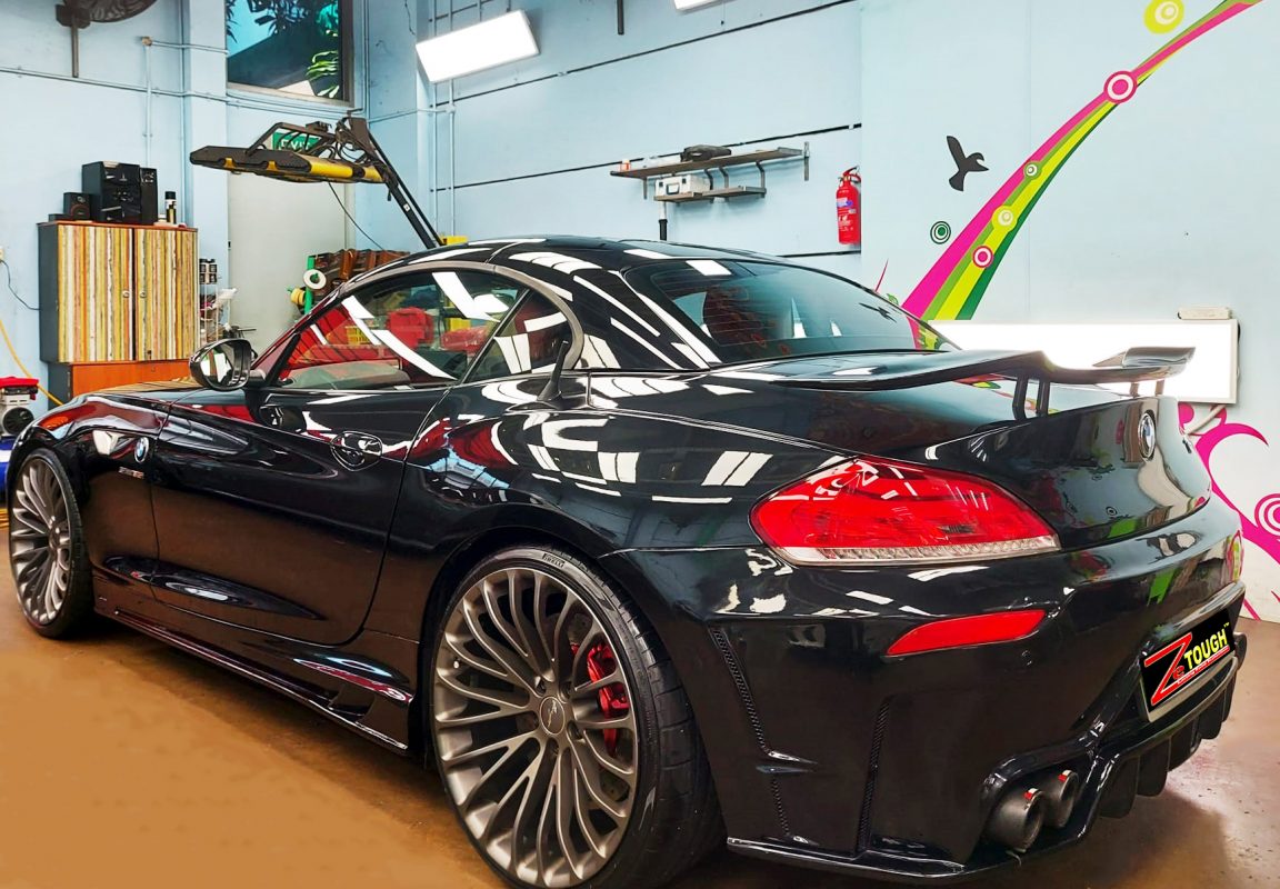 Rear quarter of the BMW Z4, glossy and protected.