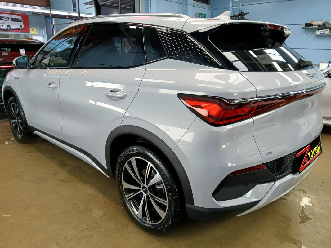 Rear quarter of the BYD Atto 3, glossy and protected.