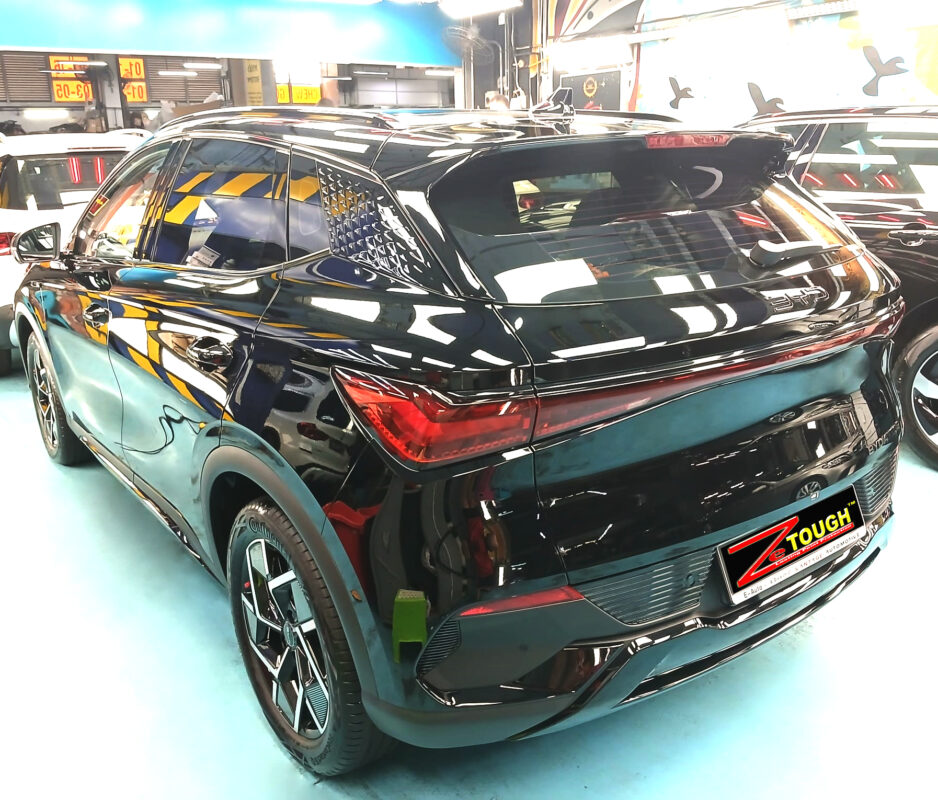 Front three-quarter view of the BYD ATTO 3 after coating.