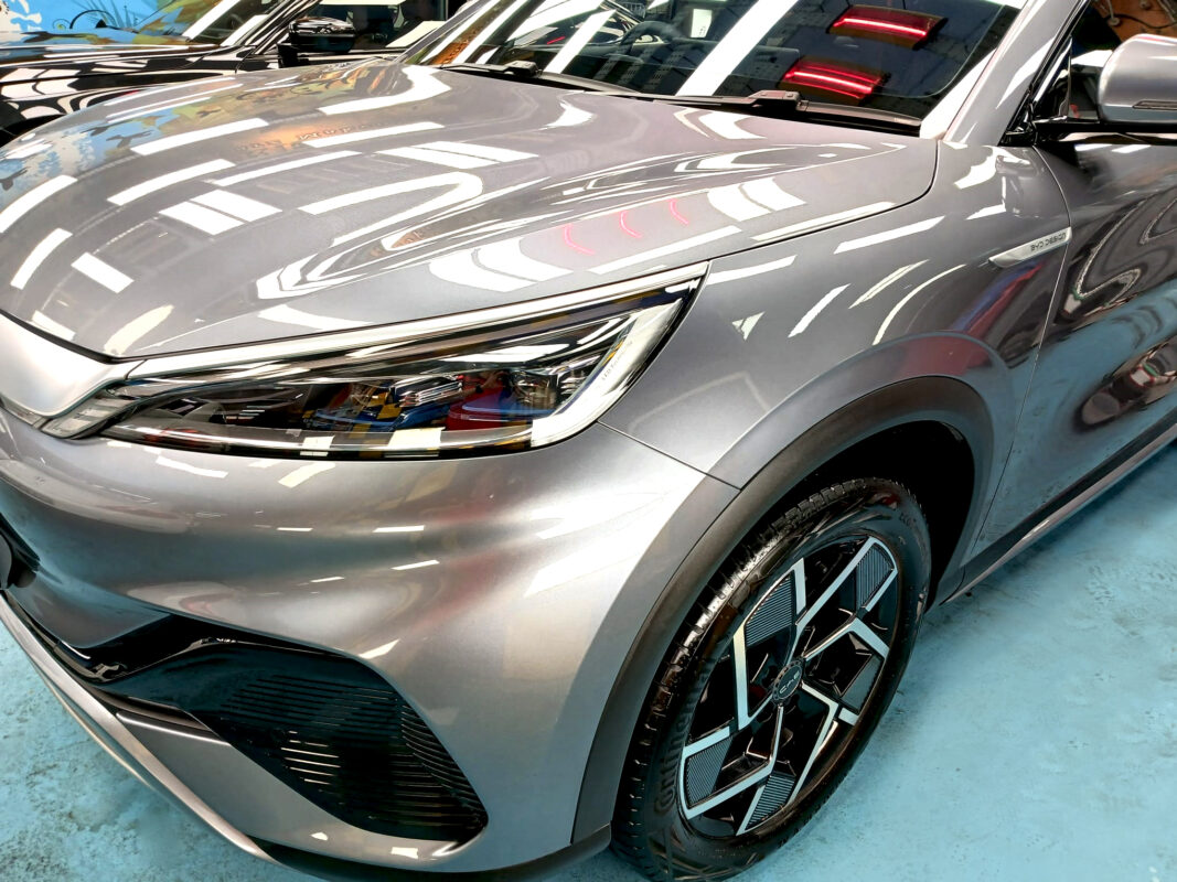 The BYD ATTO 3 from a side angle after the titanium coating.