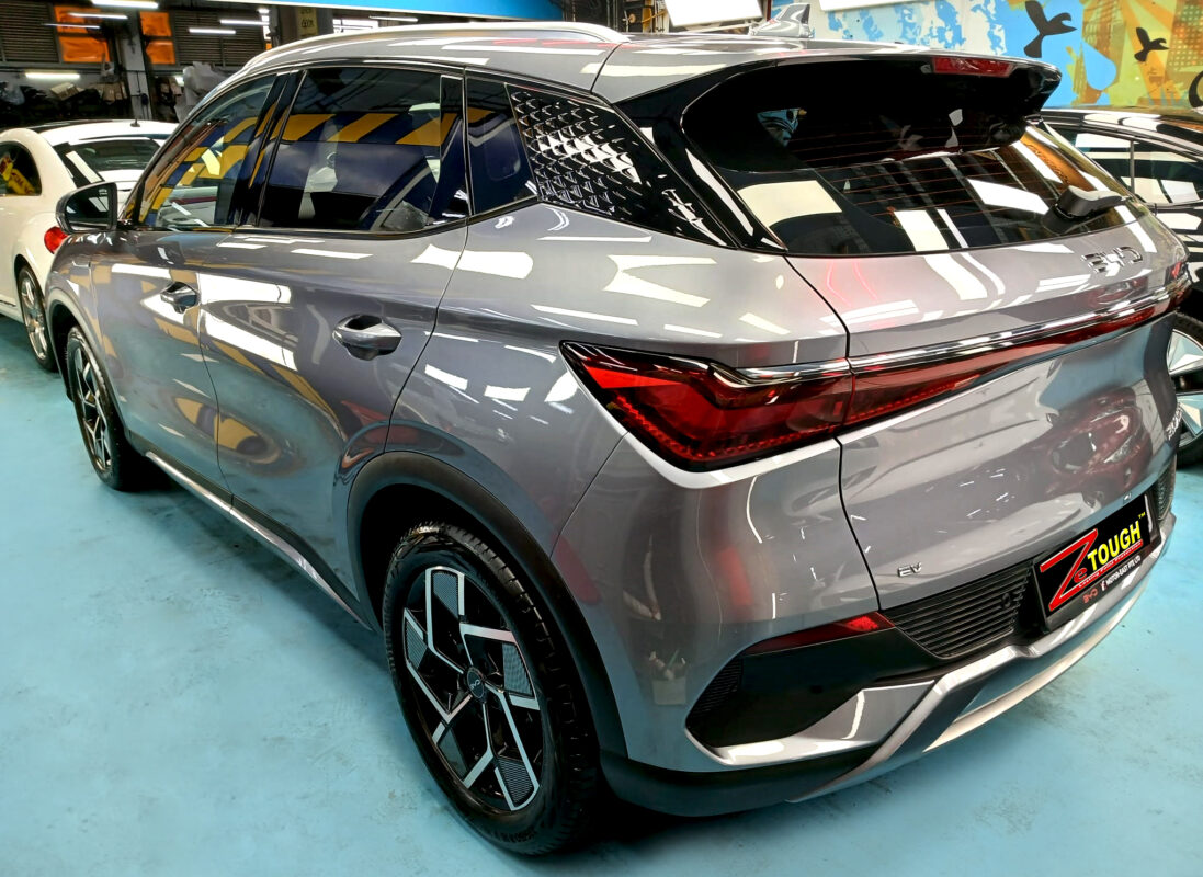 Rear quarter of the BYD ATTO 3, glossy and protected.