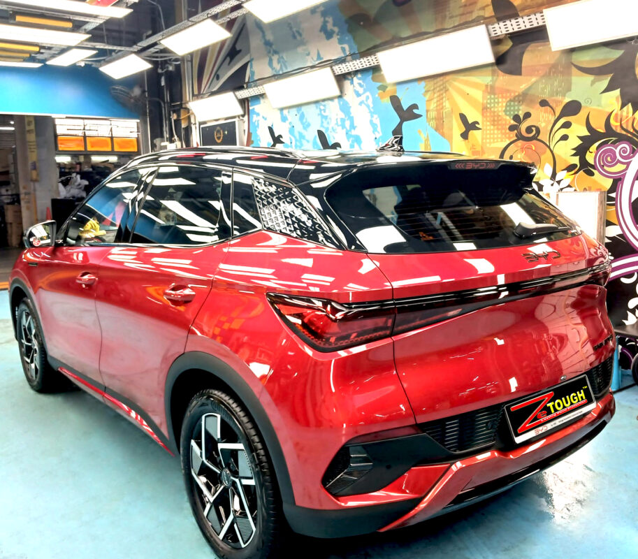 Side panel of the BYD ATTO 3 with the titanium finish locked in.