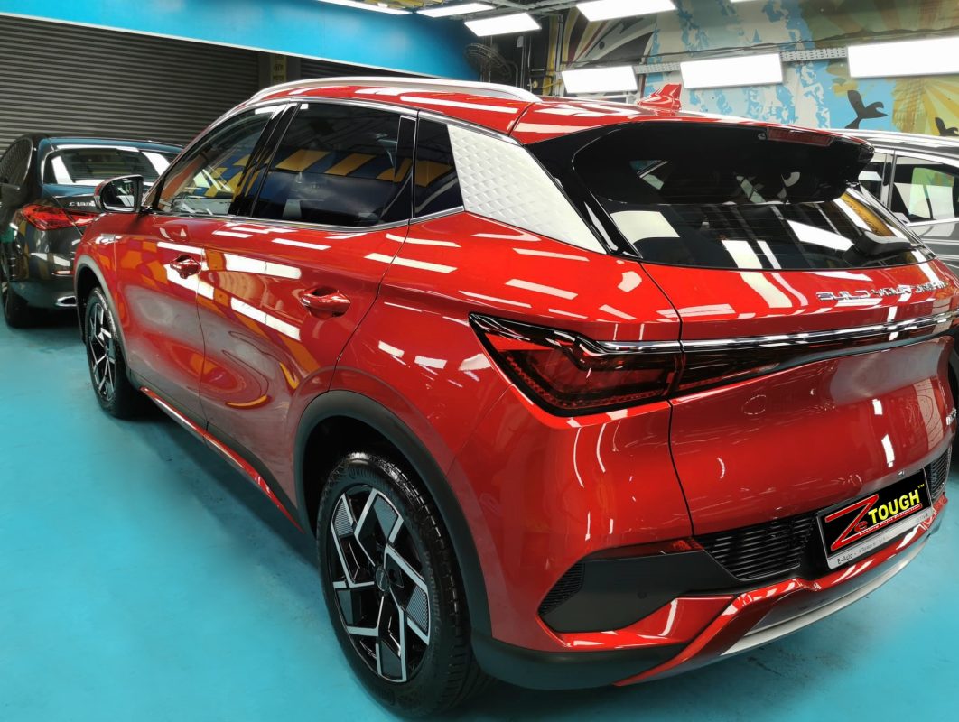 Rear quarter of the BYD Atto 3, glossy and protected.