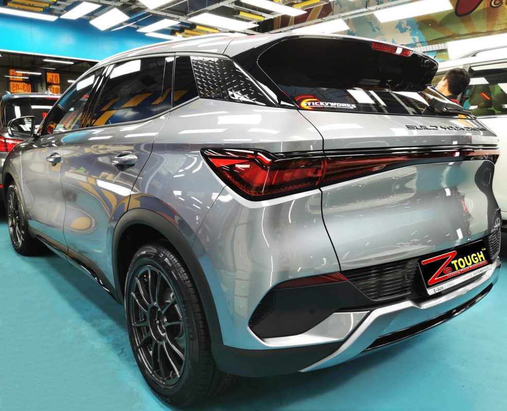 Rear quarter of the BYD Atto 3, glossy and protected.