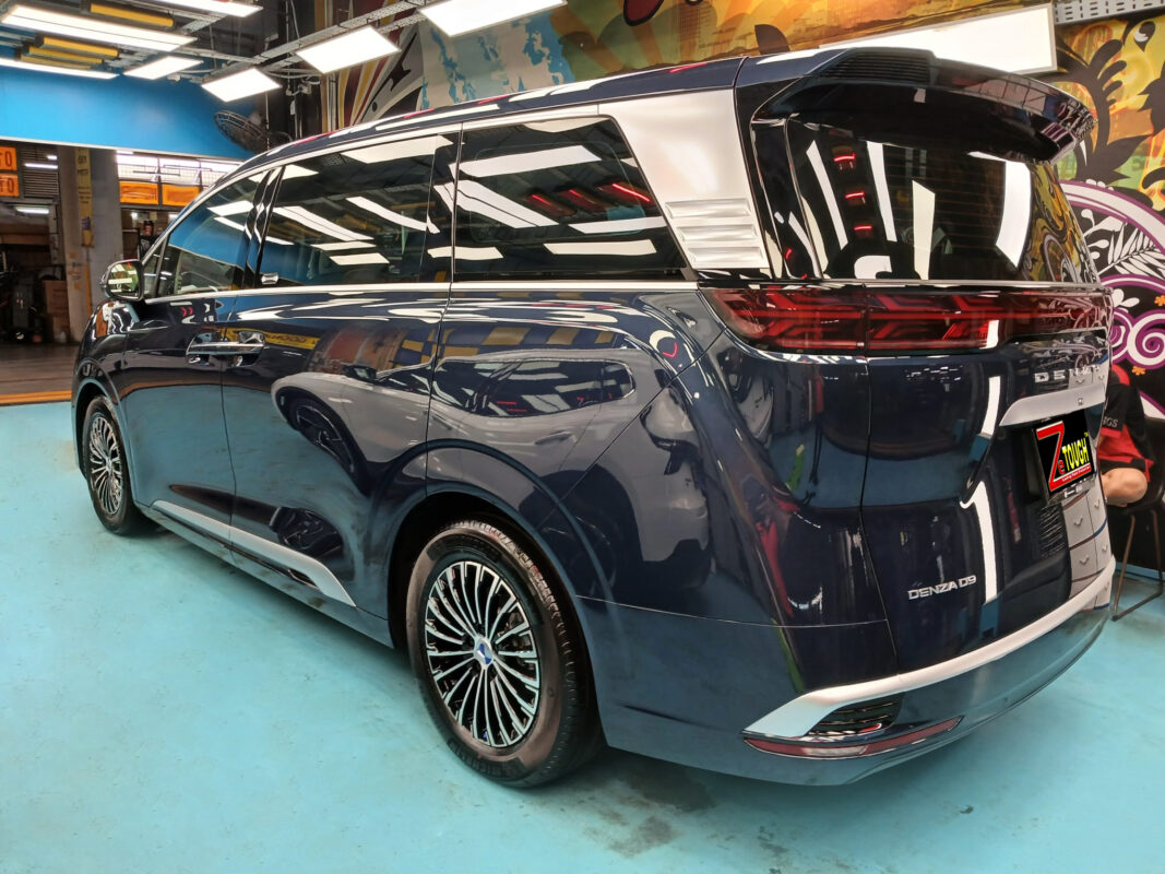 Front three-quarter view of the BYD DENZA D9 after coating.