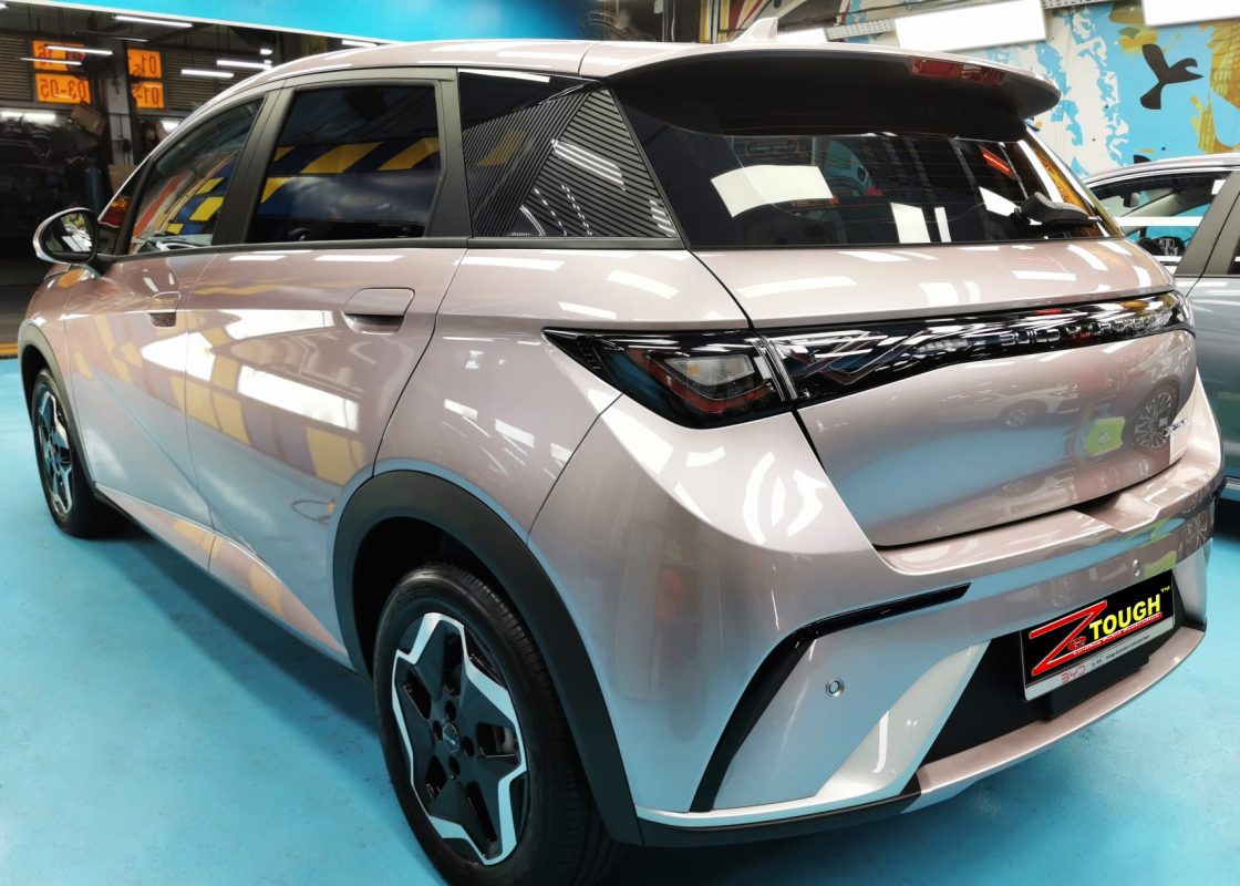 Rear quarter of the BYD Dolphin Dynamic, glossy and protected.