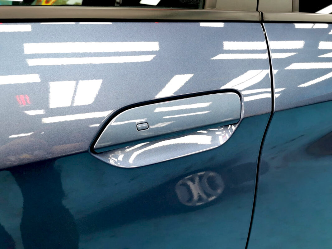 Front three-quarter view of the BYD Dolphin after coating.