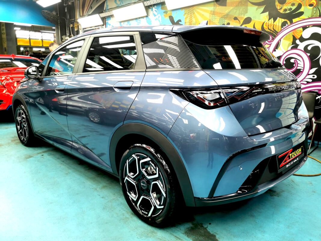 Rear quarter of the BYD Dolphin, glossy and protected.