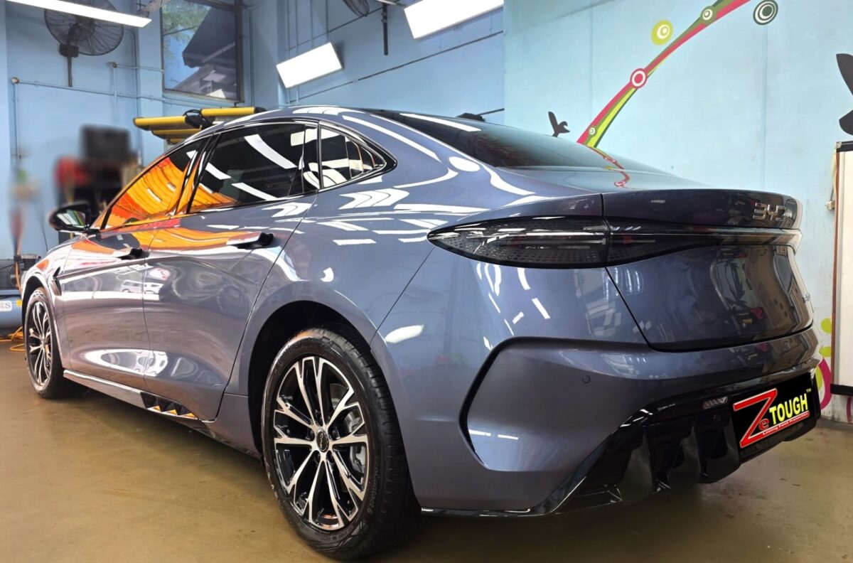 Rear quarter of the BYD Seal, glossy and protected.