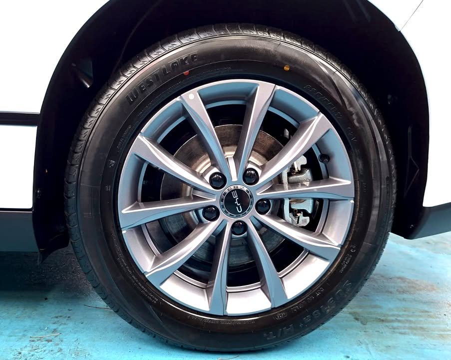 Silver multi-spoke alloy wheel and tyre.