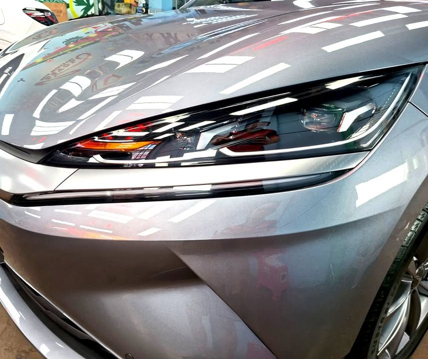 Close-up of the Seal 6's headlamp and grey front bumper.