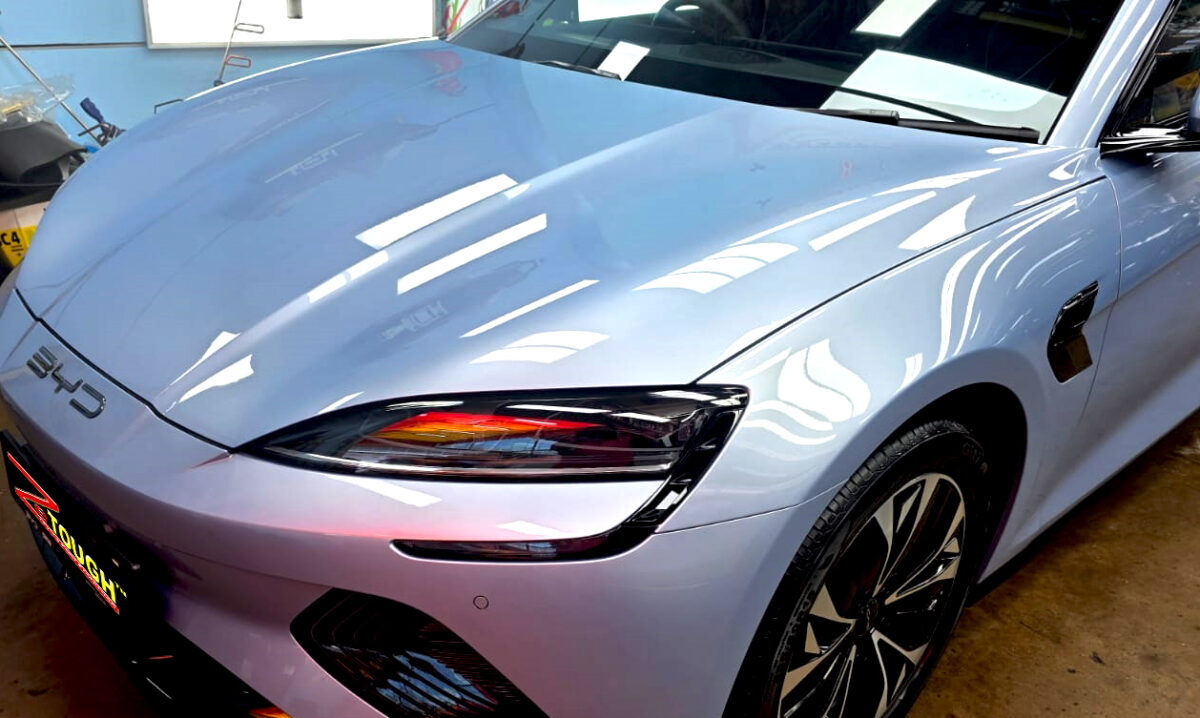 The BYD Seal Dynamic from a side angle after the titanium coating.