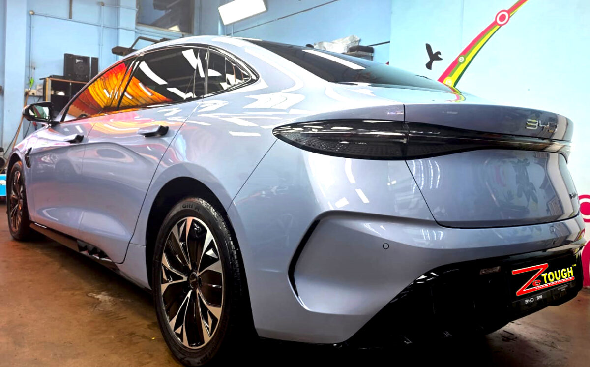 Rear quarter of the BYD Seal Dynamic, glossy and protected.