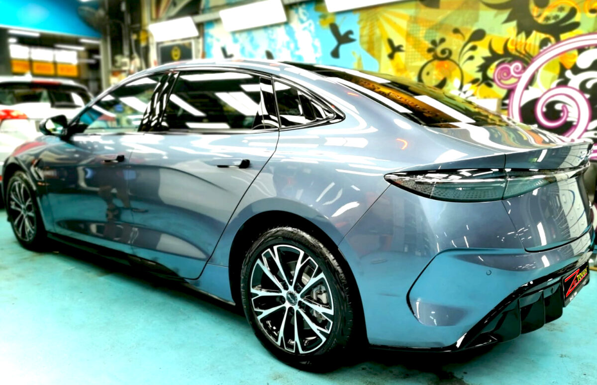 Rear quarter of the BYD Seal, glossy and protected.
