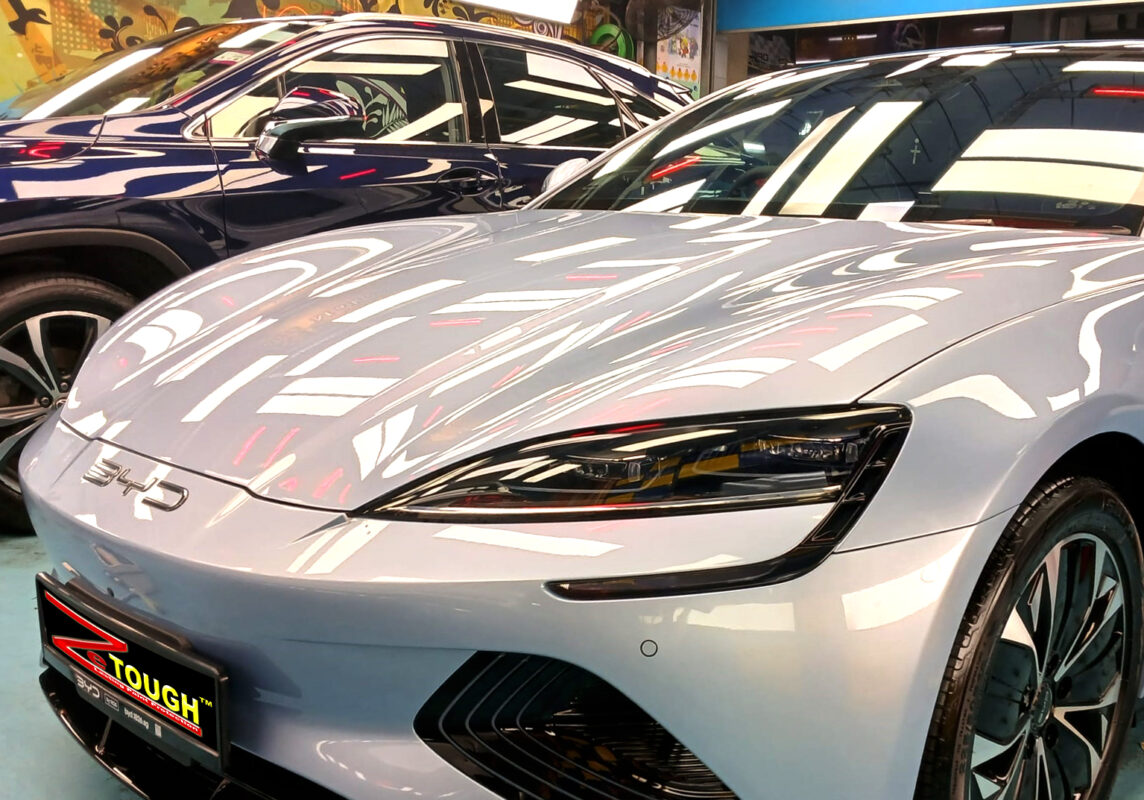 The BYD Seal from a side angle after the titanium coating.