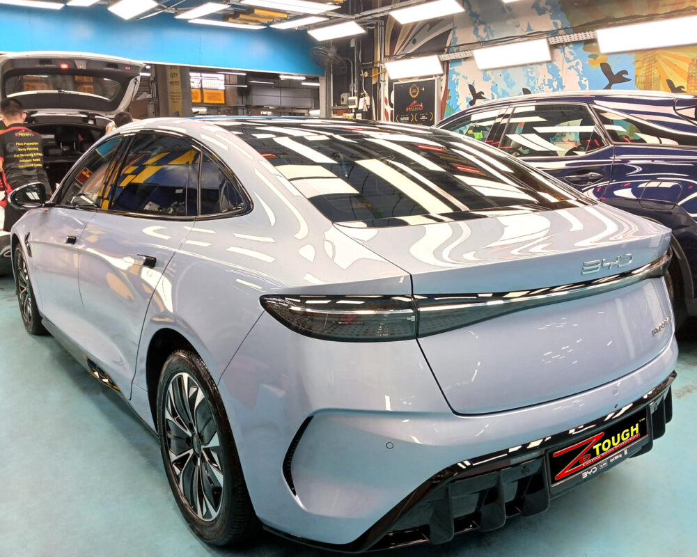 Rear quarter of the BYD Seal, glossy and protected.