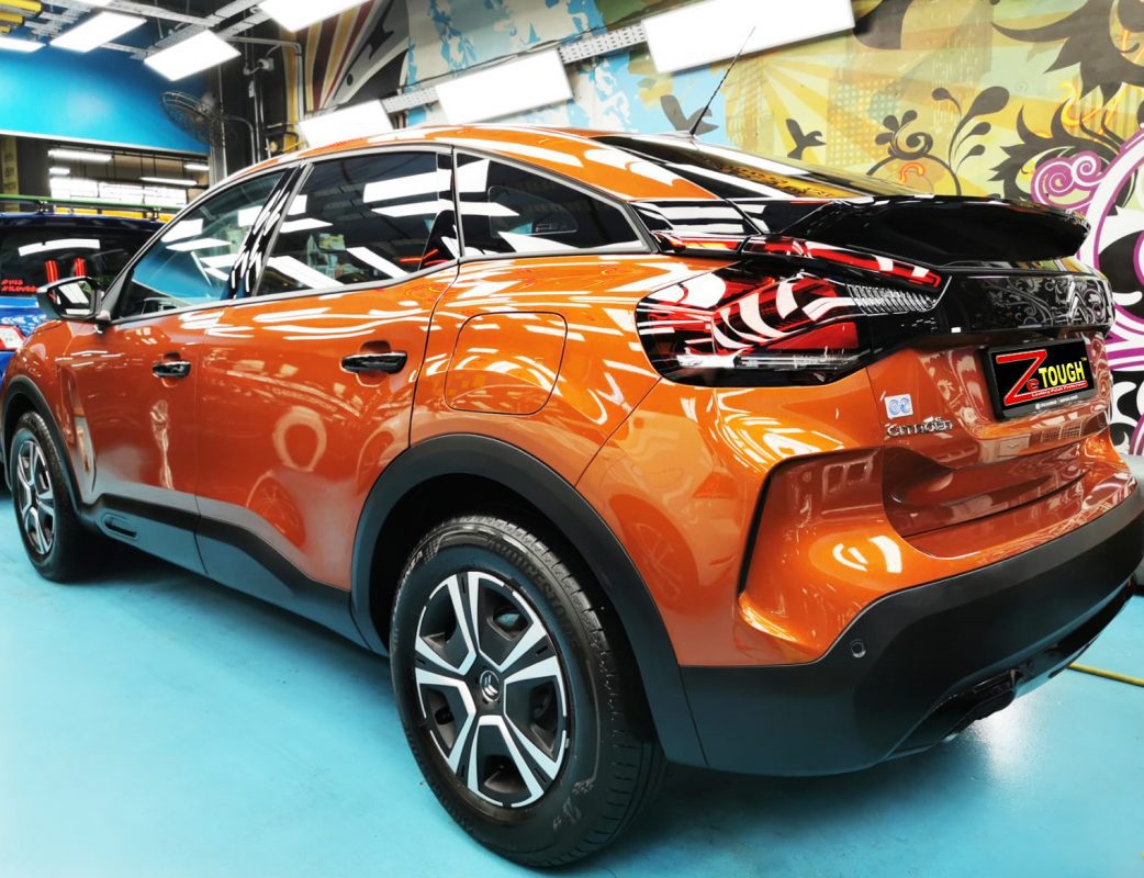 Rear quarter of the Citroen C4, glossy and protected.