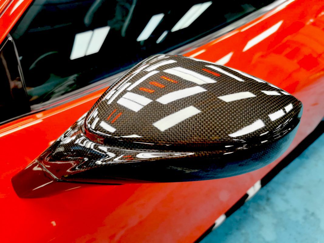 The Ferrari 458 parked in the workshop, freshly coated.