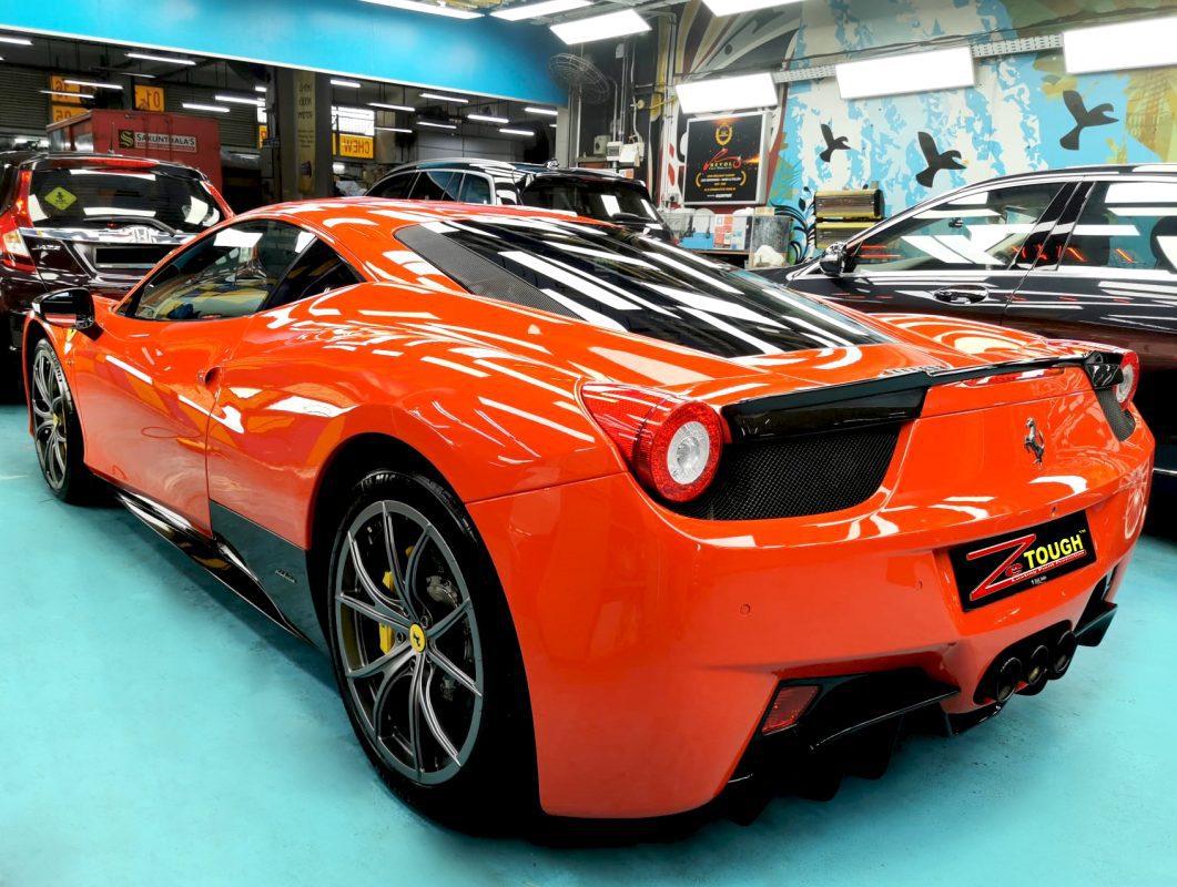 Front three-quarter view of the Ferrari 458 after coating.