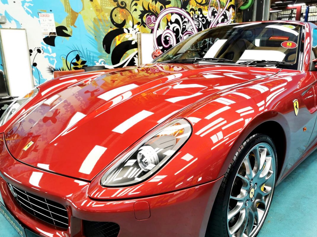 The Ferrari 599 from a side angle after the ceramic coating.