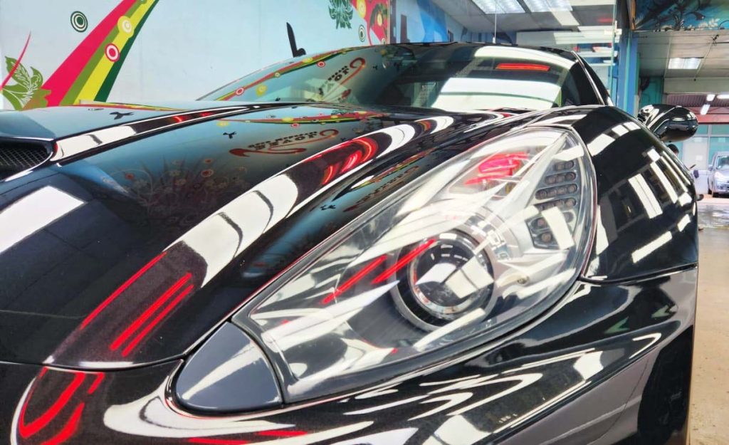 The California's coated bonnet holding clean reflections.