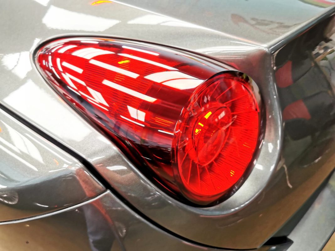The Ferrari California parked in the workshop, freshly coated.