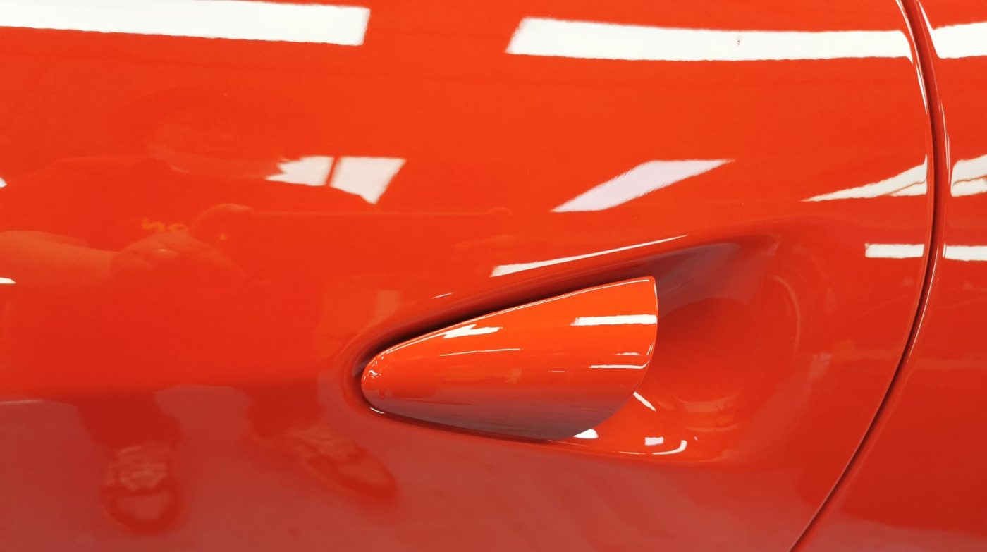 Front three-quarter view of the Ferrari Portofino after coating.