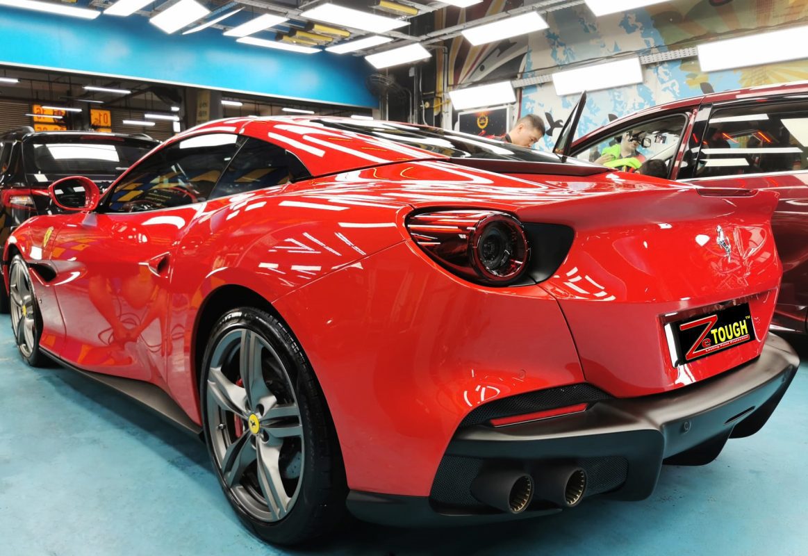 Rear quarter of the Ferrari Portofino, glossy and protected.