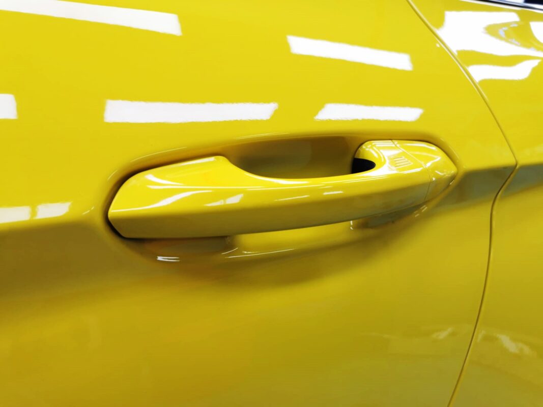 Front three-quarter view of the Ford Mustang after coating.