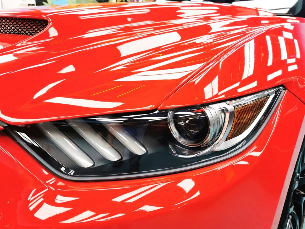 The Mustang's coated paintwork holding clean reflections.